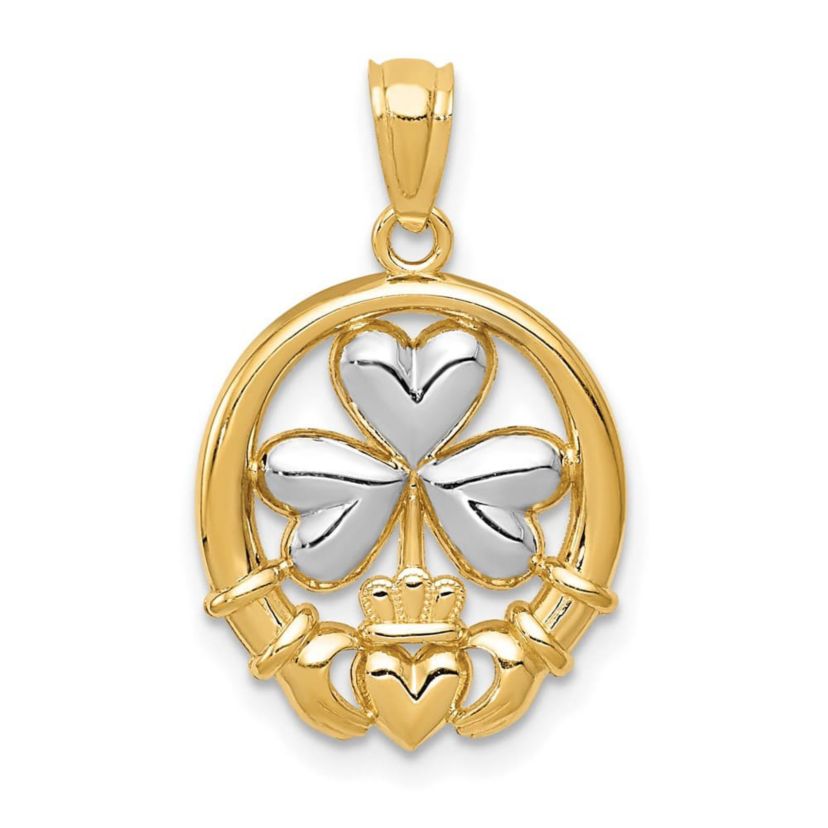 14K Yellow Gold Rhodium-plated Shamrock and Claddagh Pendant