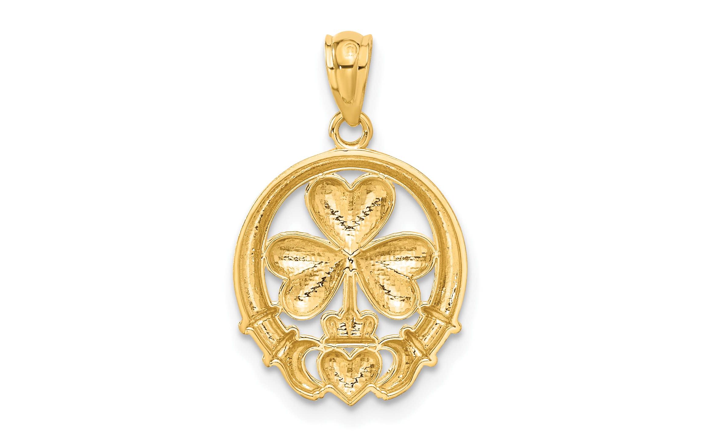 14K Yellow Gold Rhodium-plated Shamrock and Claddagh Pendant