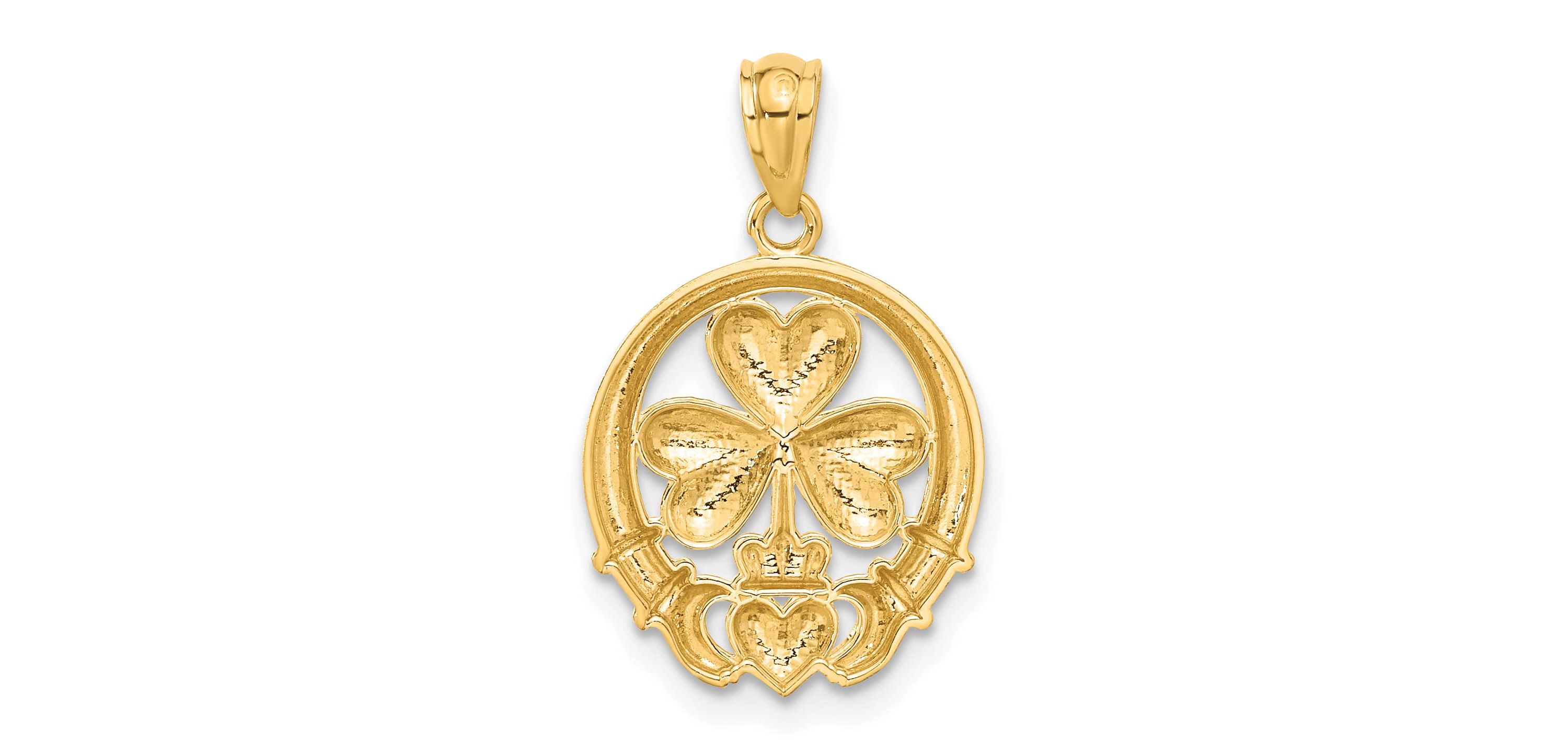 14K Yellow Gold Rhodium-plated Shamrock and Claddagh Pendant