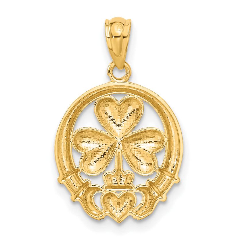 14K Yellow Gold Rhodium-plated Shamrock and Claddagh Pendant