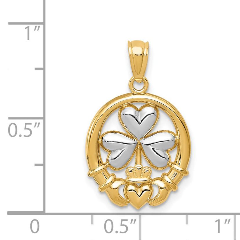 14K Yellow Gold Rhodium-plated Shamrock and Claddagh Pendant