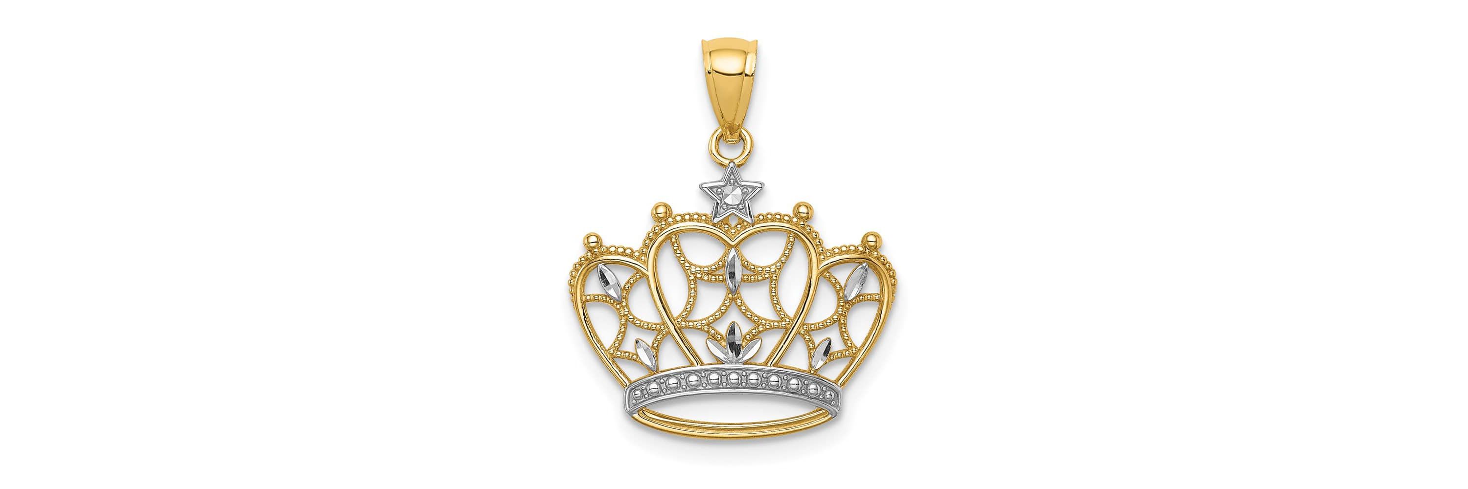 14K Yellow Gold White Rhodium-plated Diamond-cut Filigree Crown Pendant