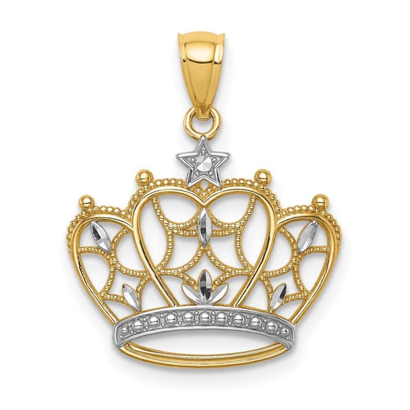 14K Yellow Gold White Rhodium-plated Diamond-cut Filigree Crown Pendant