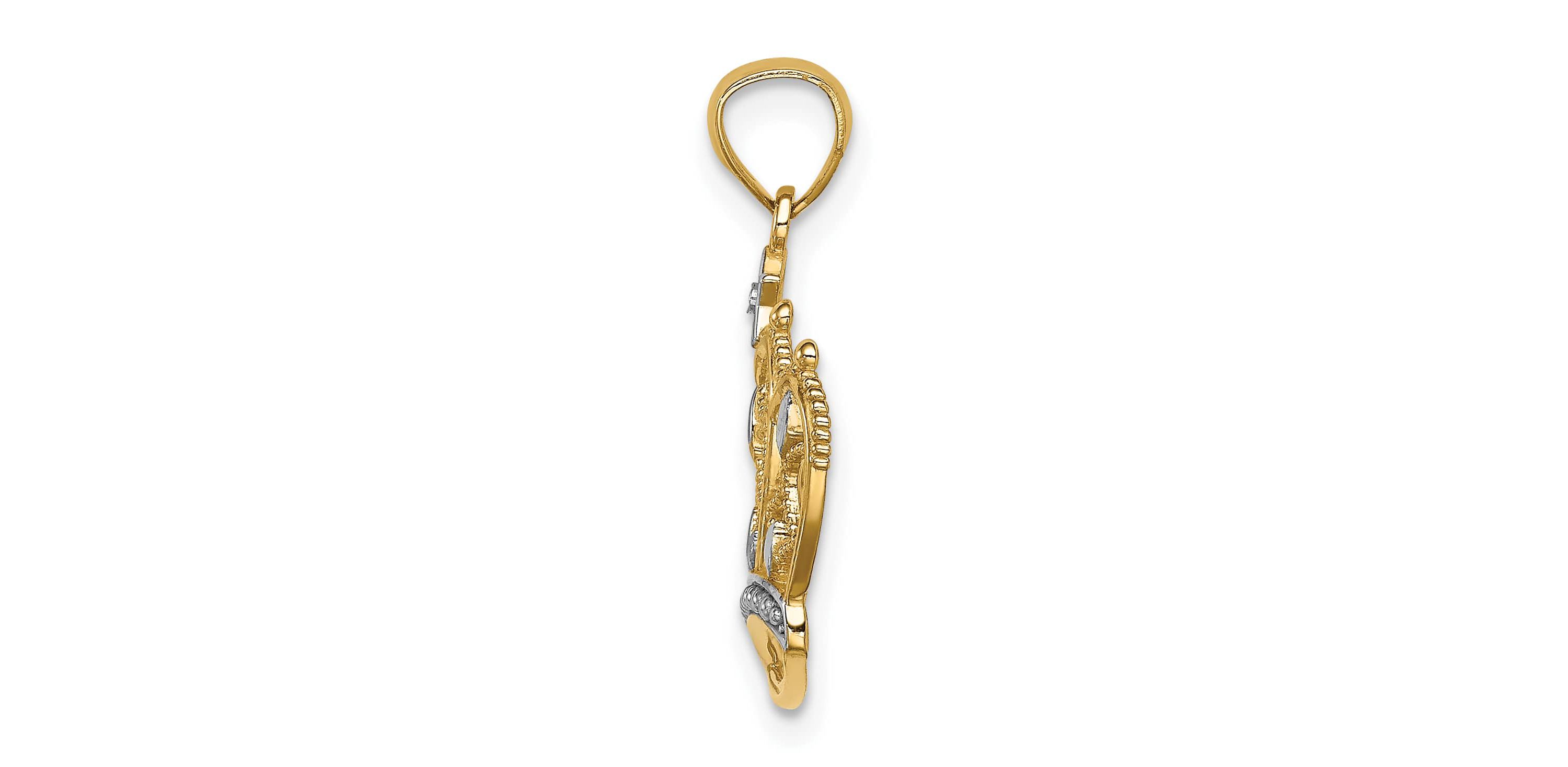 14K Yellow Gold White Rhodium-plated Diamond-cut Filigree Crown Pendant
