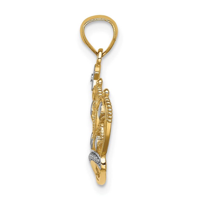 14K Yellow Gold White Rhodium-plated Diamond-cut Filigree Crown Pendant
