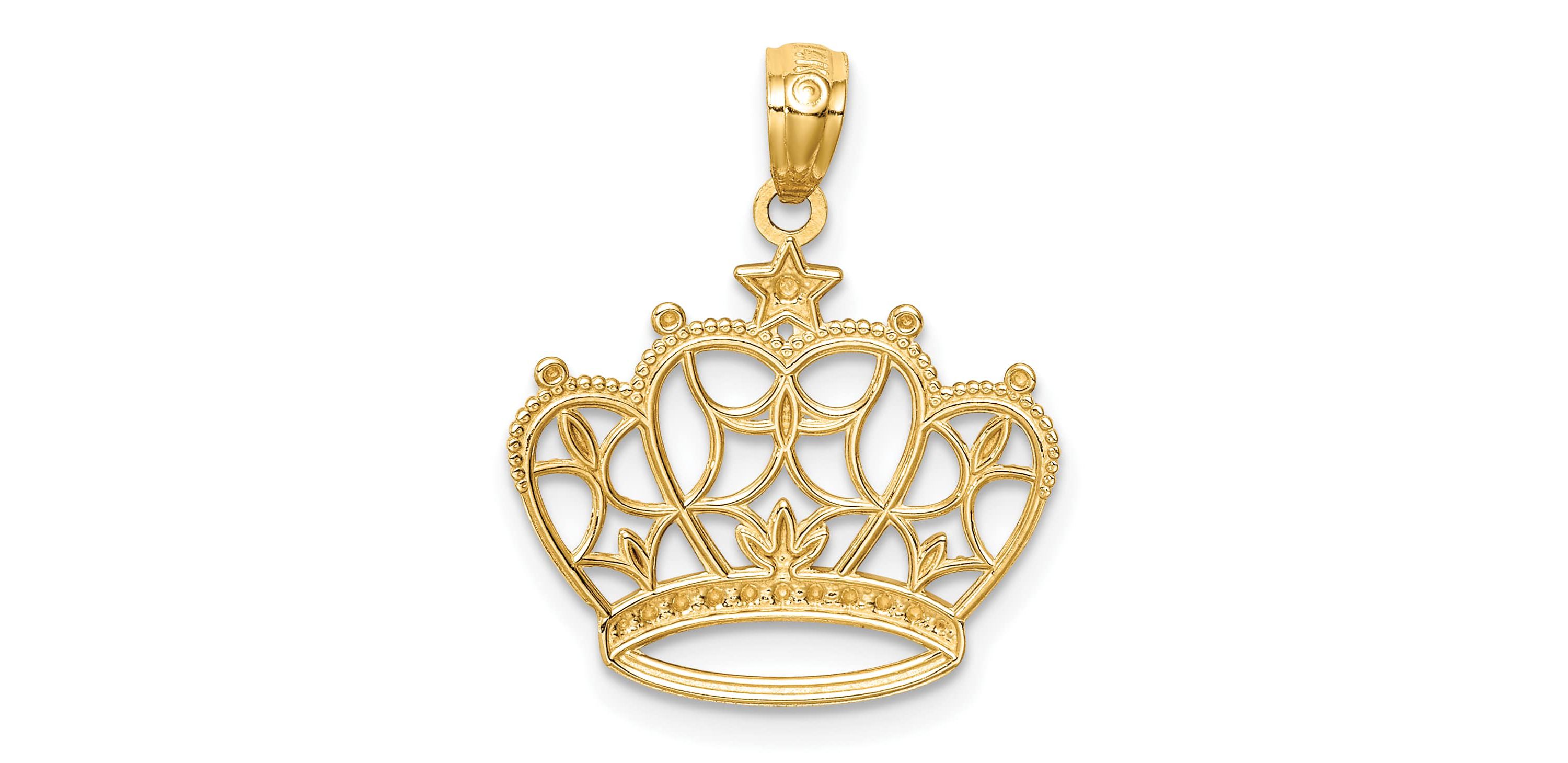 14K Yellow Gold White Rhodium-plated Diamond-cut Filigree Crown Pendant