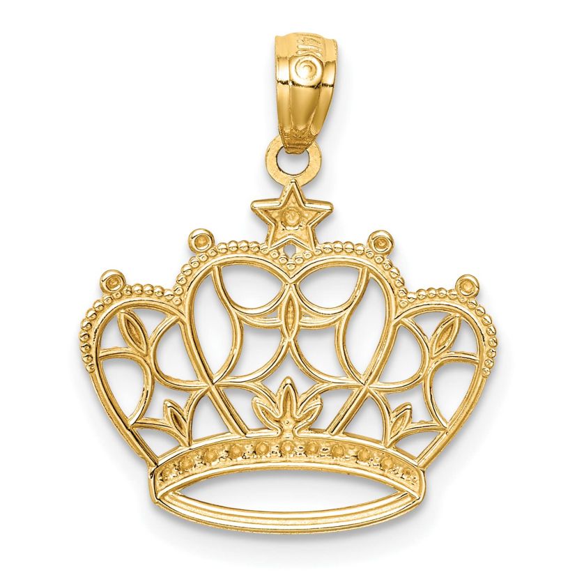 14K Yellow Gold White Rhodium-plated Diamond-cut Filigree Crown Pendant