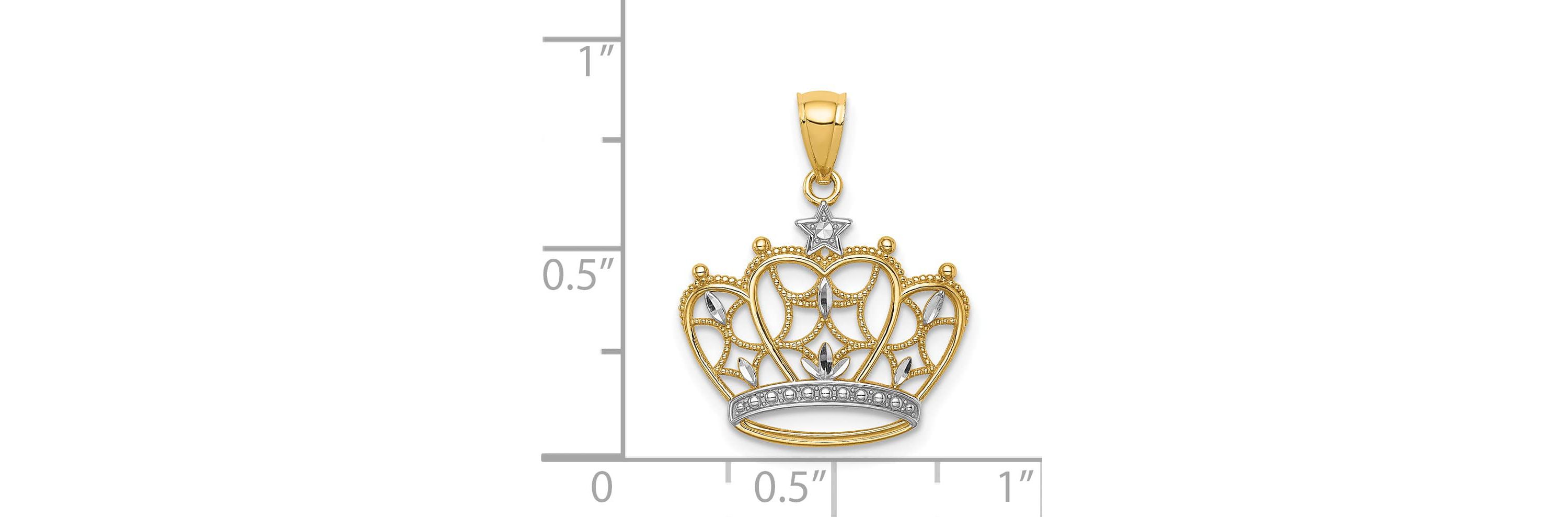 14K Yellow Gold White Rhodium-plated Diamond-cut Filigree Crown Pendant