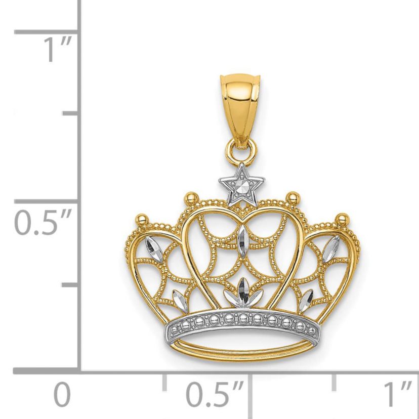 14K Yellow Gold White Rhodium-plated Diamond-cut Filigree Crown Pendant