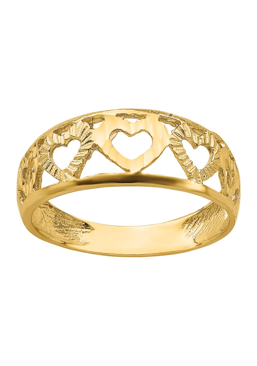 14K Yellow Gold Diamond Cut 5 Heart Ring