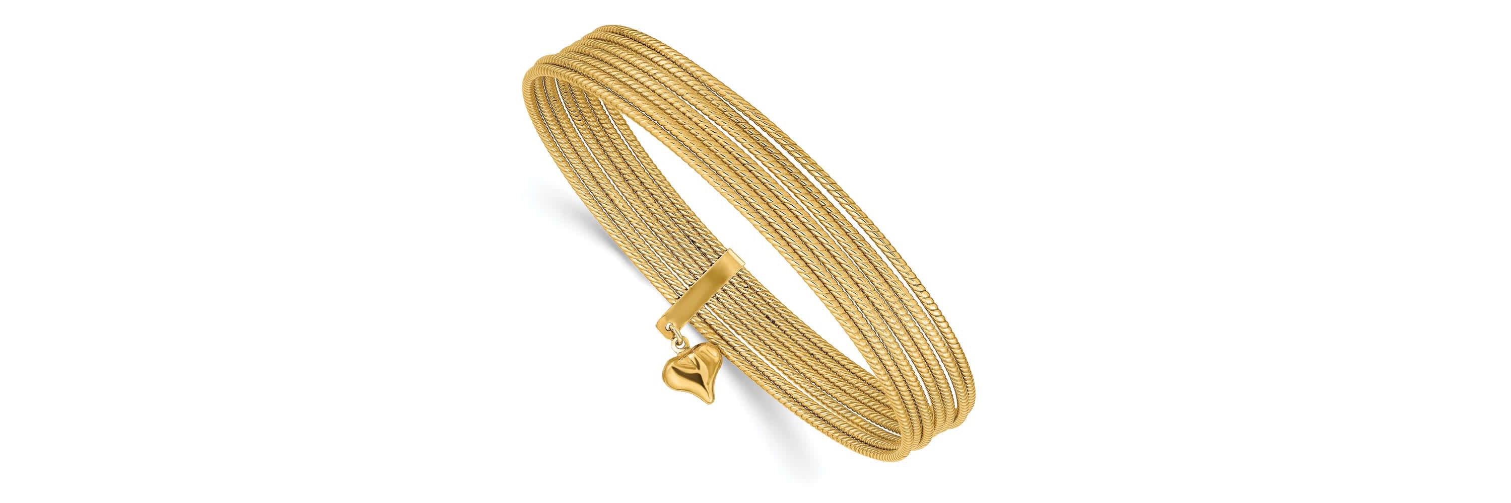 14K Yellow Gold Dangle Heart Slip-on Set of 7 Textured Bangles