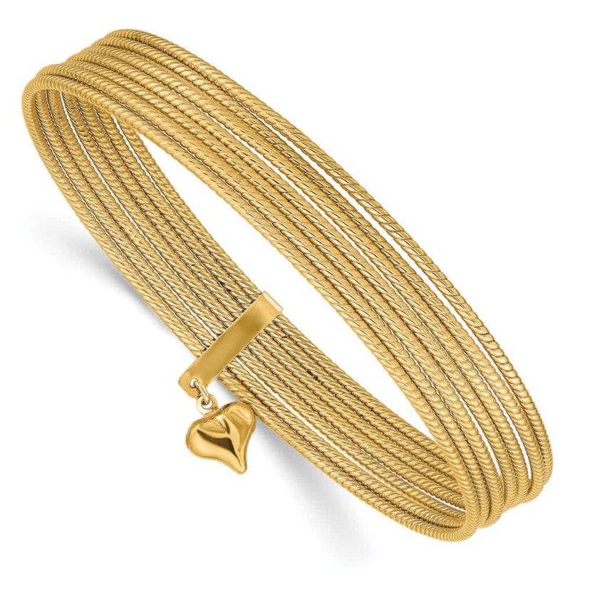 14K Yellow Gold Dangle Heart Slip-on Set of 7 Textured Bangles