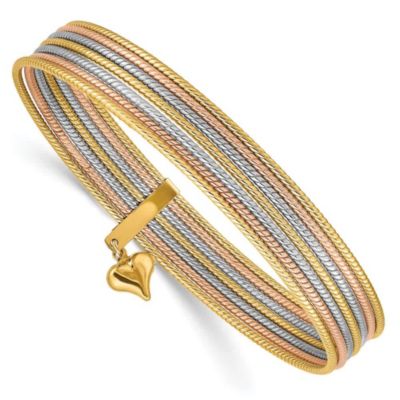 Belk & Co 14K Tri-color Dangle Heart Set of 7 Textured Slip-on Bangles