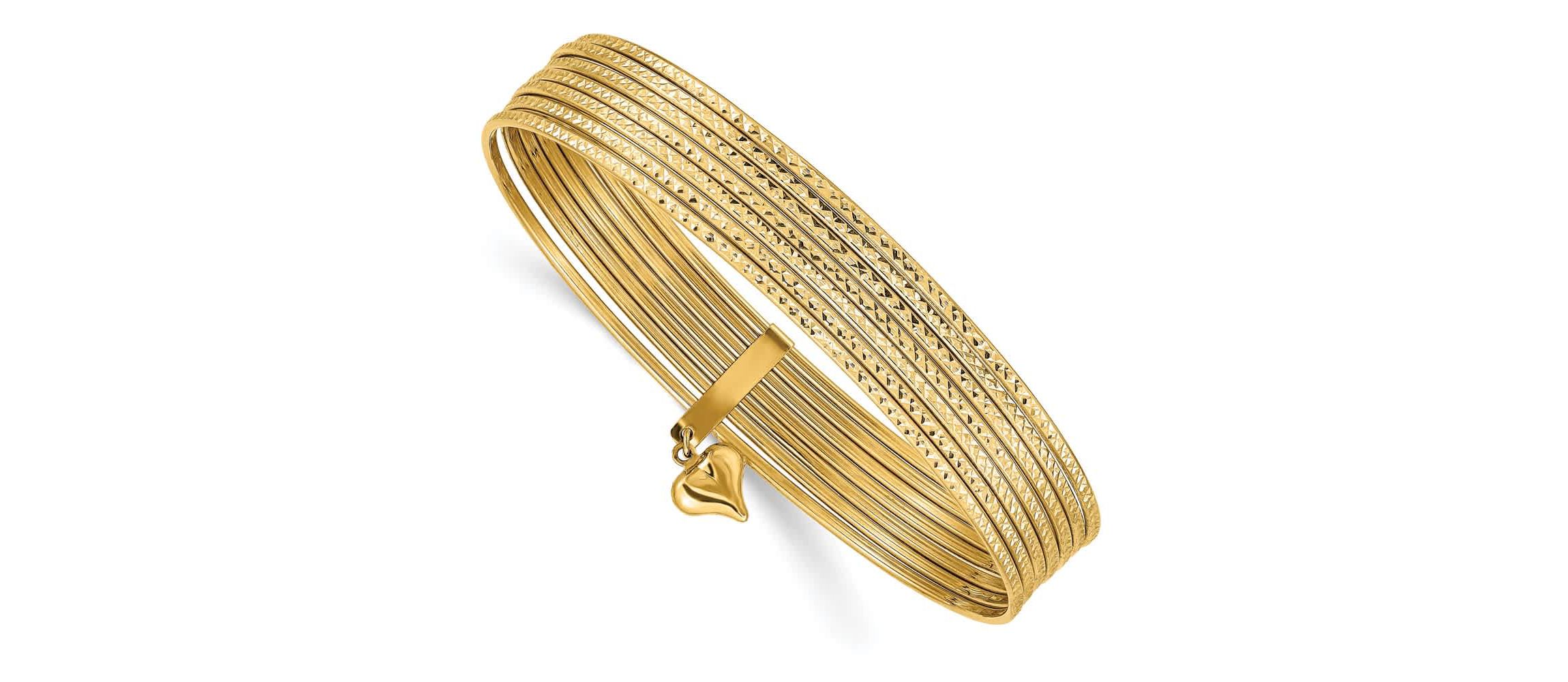 14K Yellow Gold Dangle Heart Set of 7 Slip-on Textured Bangles