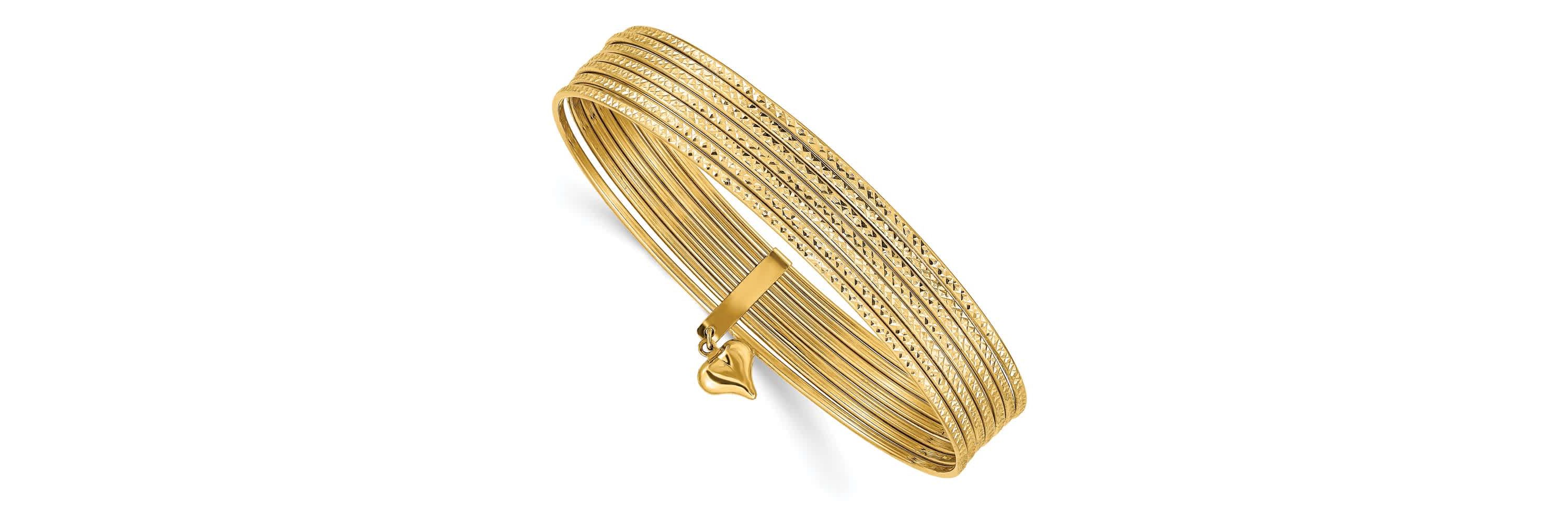 14K Yellow Gold Dangle Heart Set of 7 Slip-on Textured Bangles