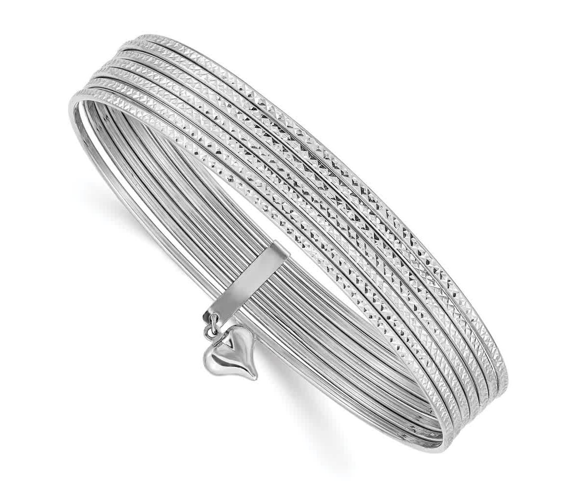 14K White Gold with Dangle Heart Textured Set of 7 Slip-on Bangles