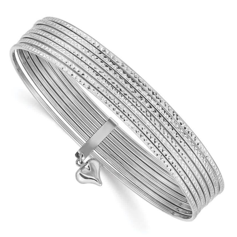 14K White Gold with Dangle Heart Textured Set of 7 Slip-on Bangles
