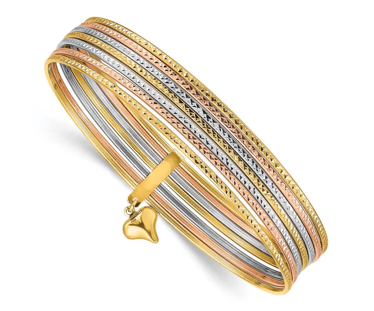 14K Tri-color with Dangle Heart Oversized Set of 7 Textured Slip-on Bangles