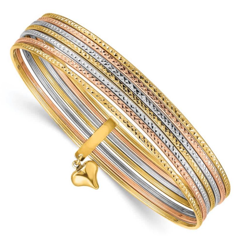 14K Tri-color with Dangle Heart Oversized Set of 7 Textured Slip-on Bangles