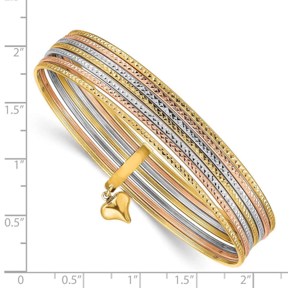 14K Tri-color with Dangle Heart Oversized Set of 7 Textured Slip-on Bangles