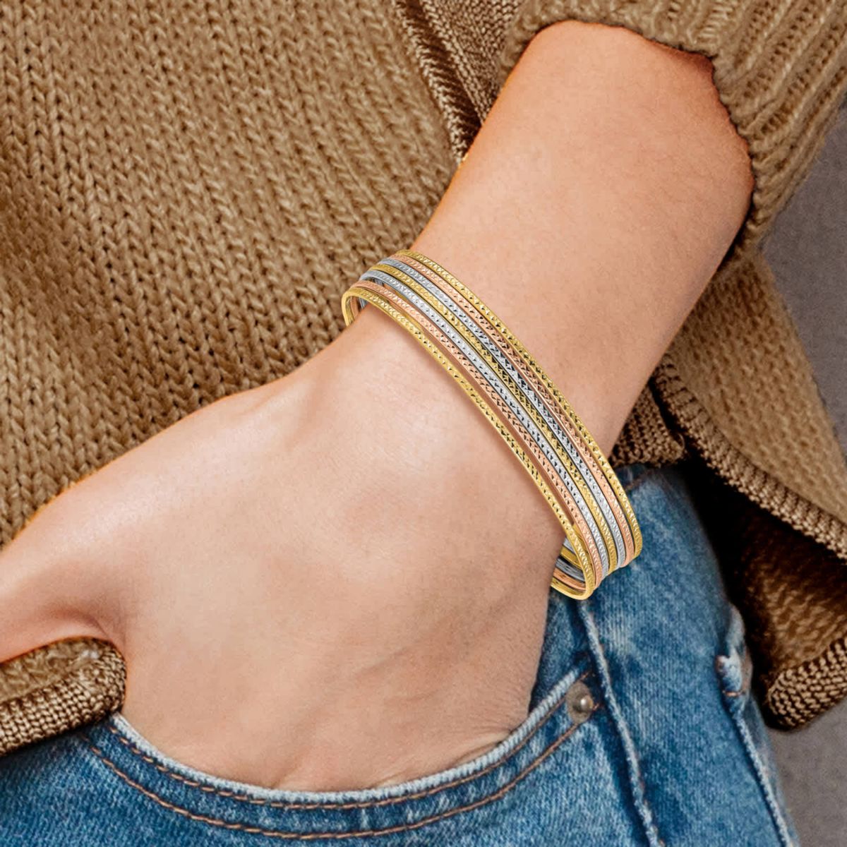 14K Tri-color with Dangle Heart Oversized Set of 7 Textured Slip-on Bangles