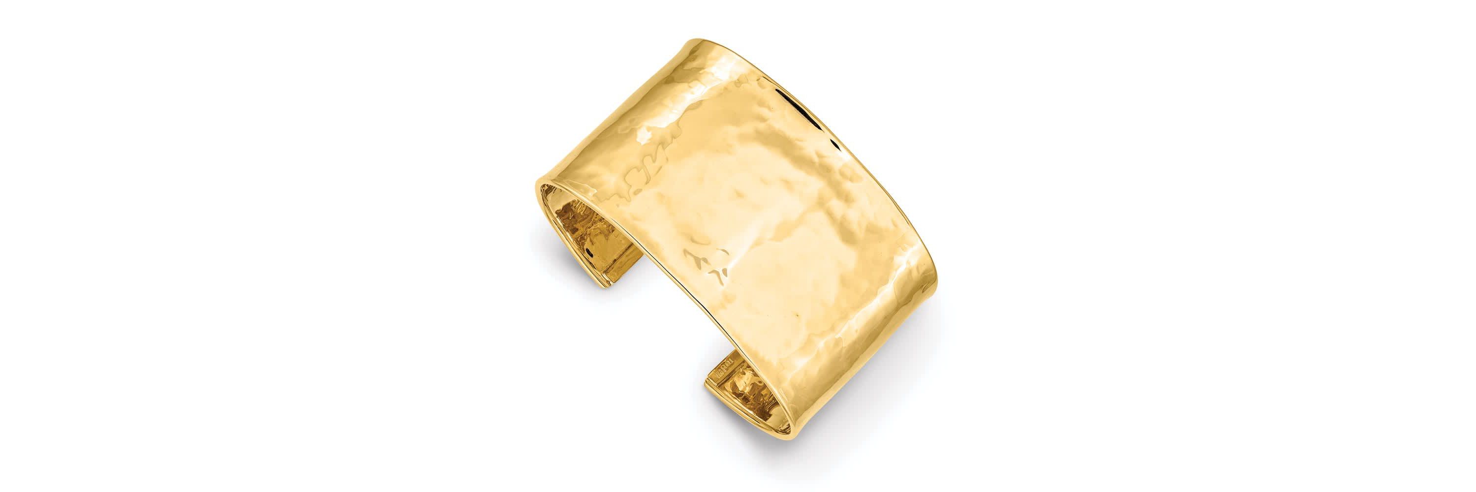 14K Yellow Gold 37mm Hammered Polished Cuff Bangle