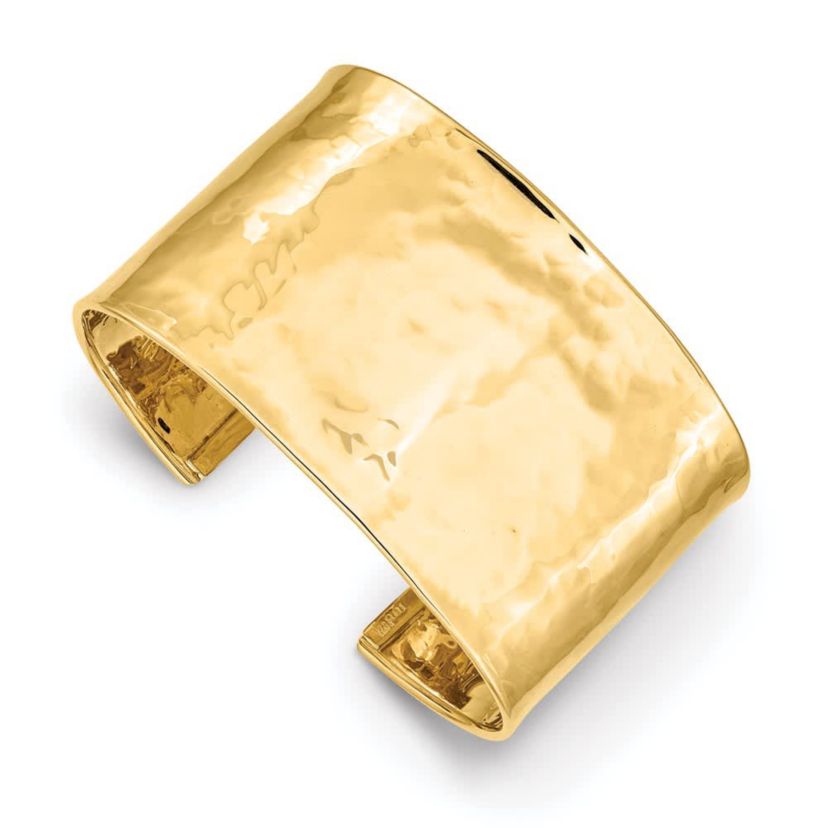 14K Yellow Gold 37mm Hammered Polished Cuff Bangle