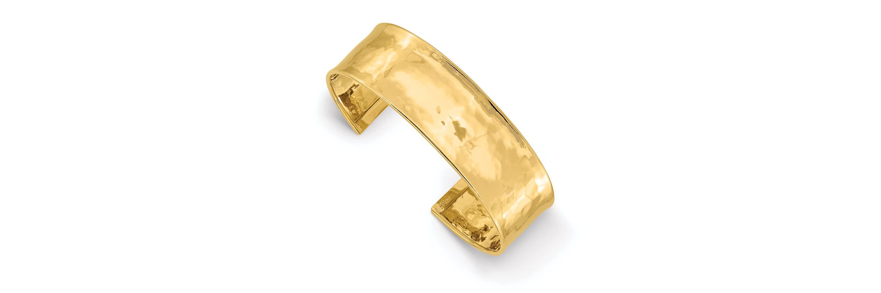 14K Yellow Gold 19mm Hammered Polished Cuff Bangle