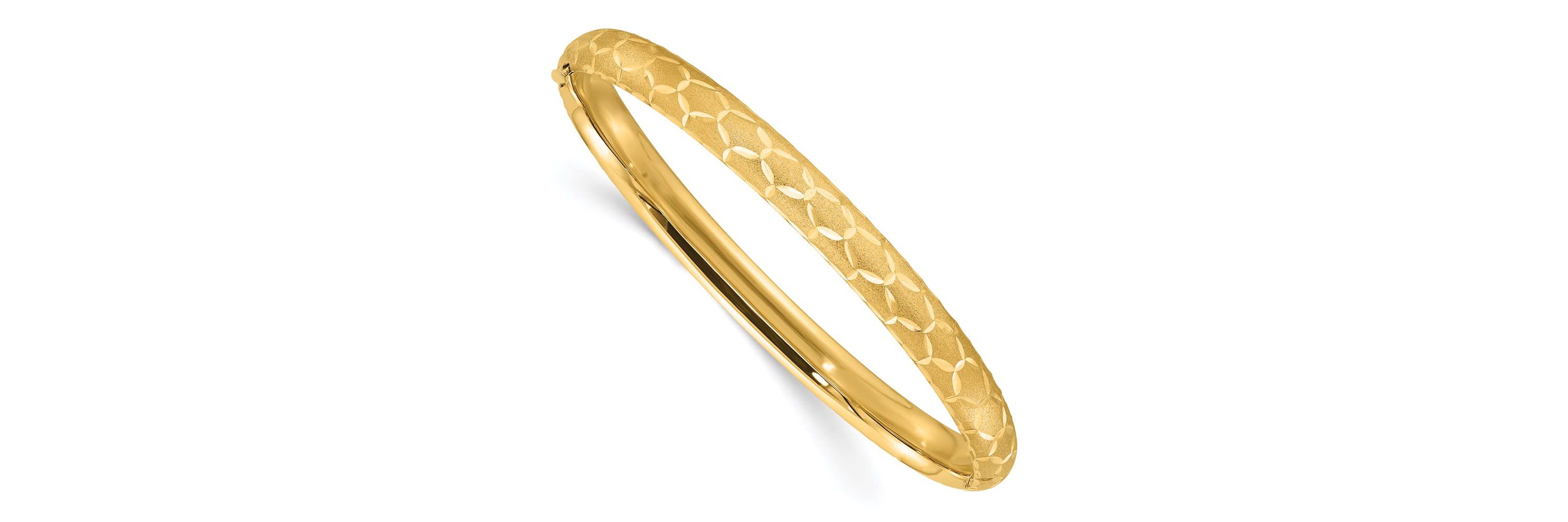 14K Yellow Gold Satin Diamond-cut 6.2mm Hinged Bangle