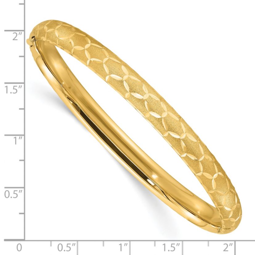 14K Yellow Gold Satin Diamond-cut 6.2mm Hinged Bangle