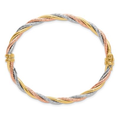 14K Tri-color Polished and Twisted Hinged Bangle Bracelet