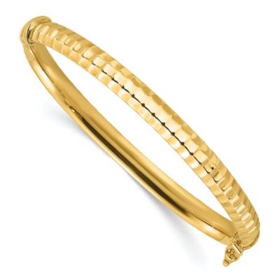 14K Yellow Gold Polished and Ridged Hinged Bangle Bracelet