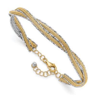 14K Two-tone Diamond-cut and Textured Braided with Safety Chain Bangle