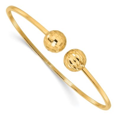 14K Yellow Gold Polished and Diamond-cut Ball Flexible Cuff Bangle Bracelet