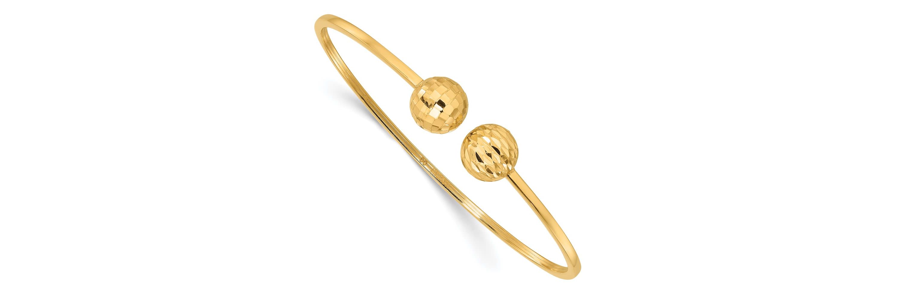 14K Yellow Gold Polished and Diamond-cut Ball Flexible Cuff Bangle Bracelet