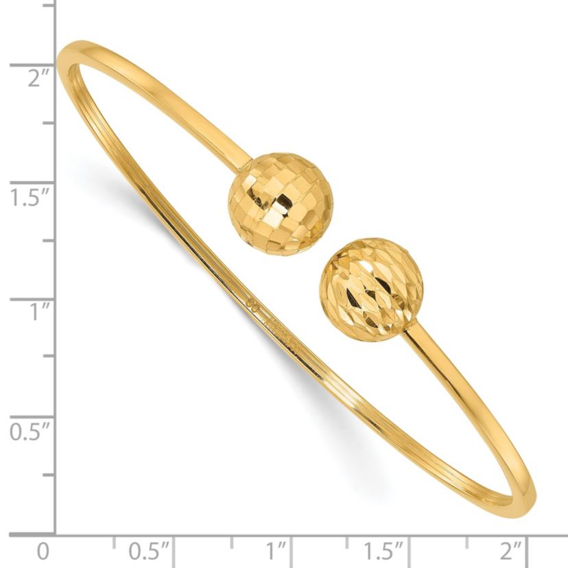 14K Yellow Gold Polished and Diamond-cut Ball Flexible Cuff Bangle Bracelet