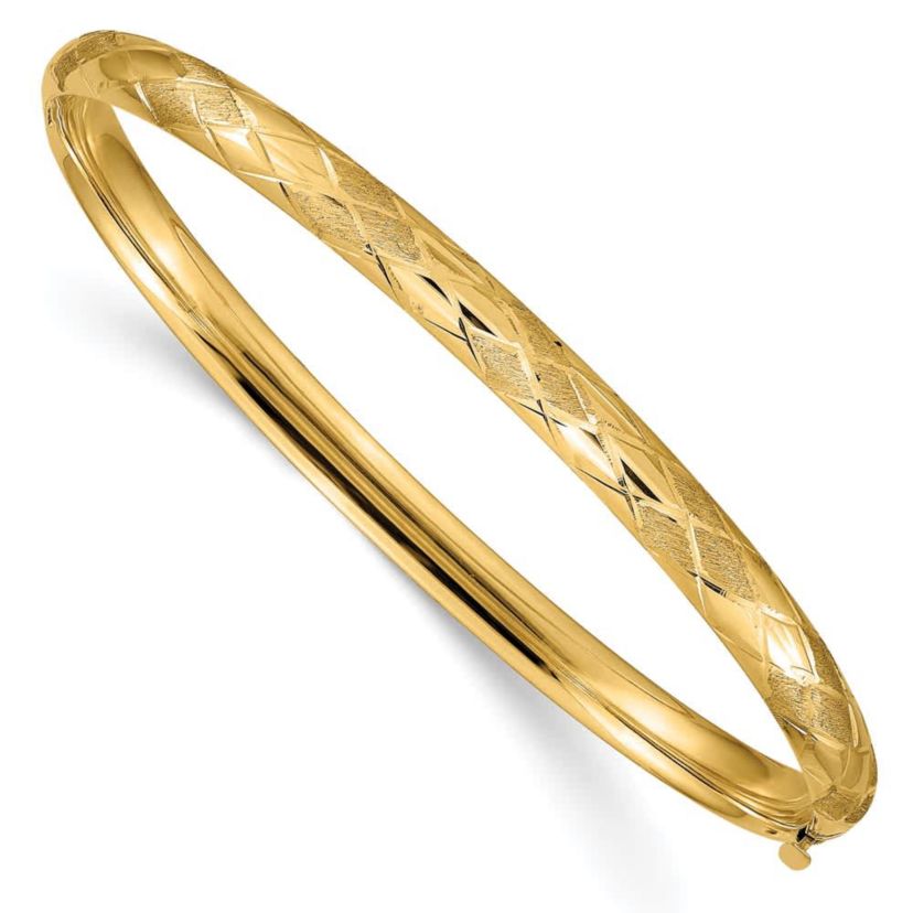 14K Yellow Gold 3/16 Diamond-cut Fancy Hinged Bangle Bracelet