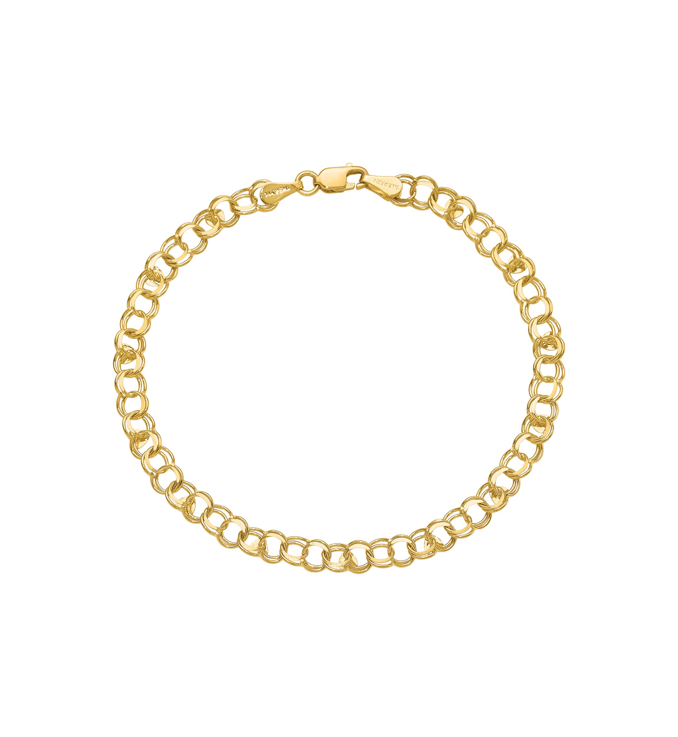 14K Yellow Gold Double Link Heart Charm 7 Inch Bracelet