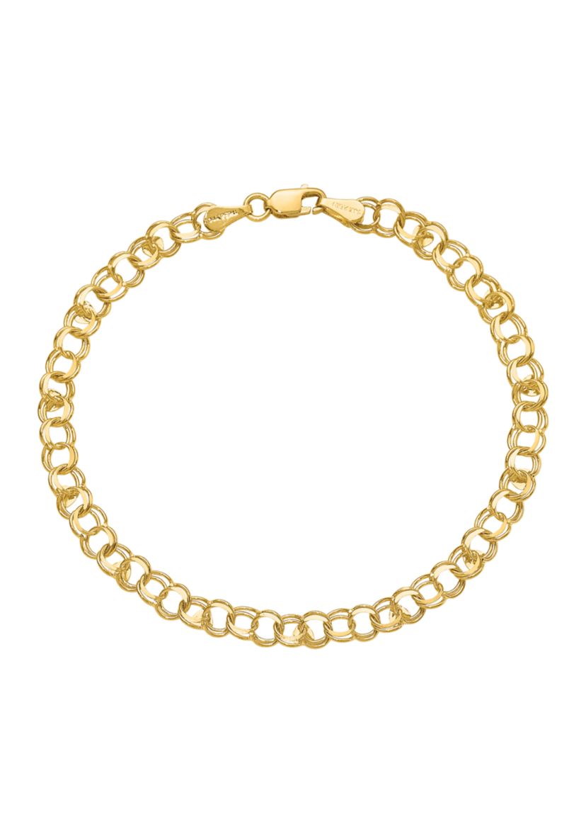 14K Yellow Gold Double Link Heart Charm 7 Inch Bracelet
