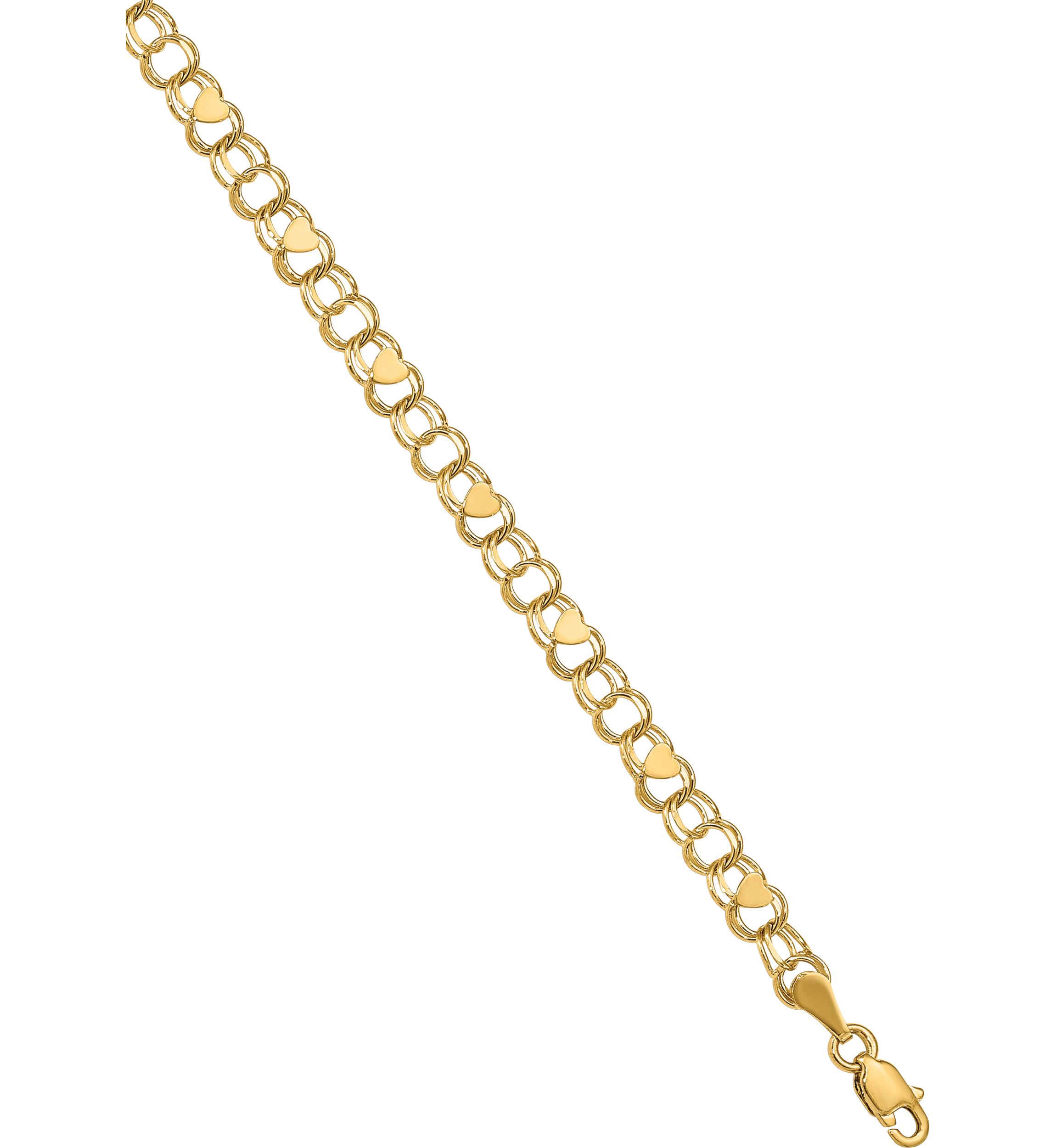 14K Yellow Gold Double Link Heart Charm 7 Inch Bracelet