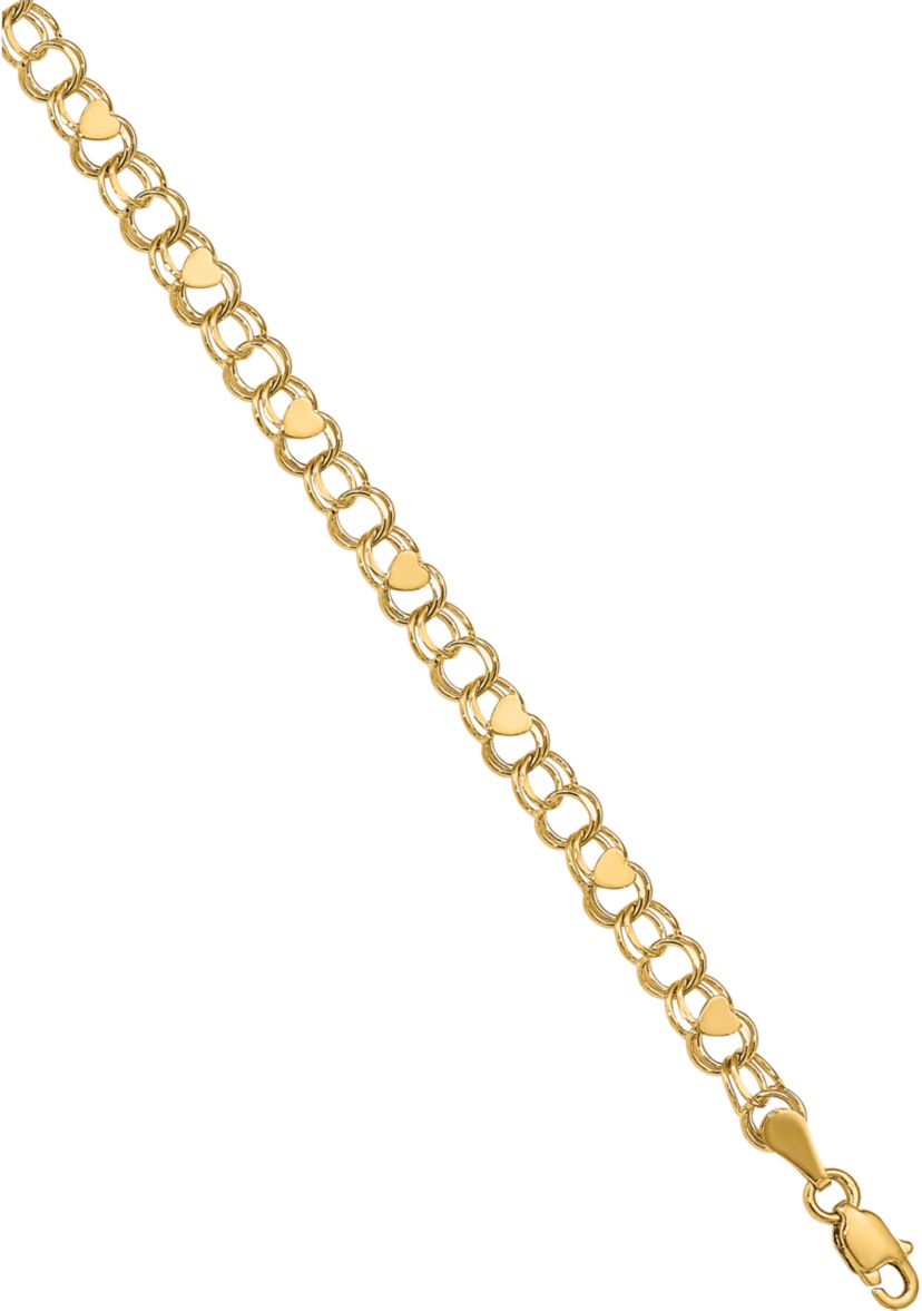 14K Yellow Gold Double Link Heart Charm 7 Inch Bracelet