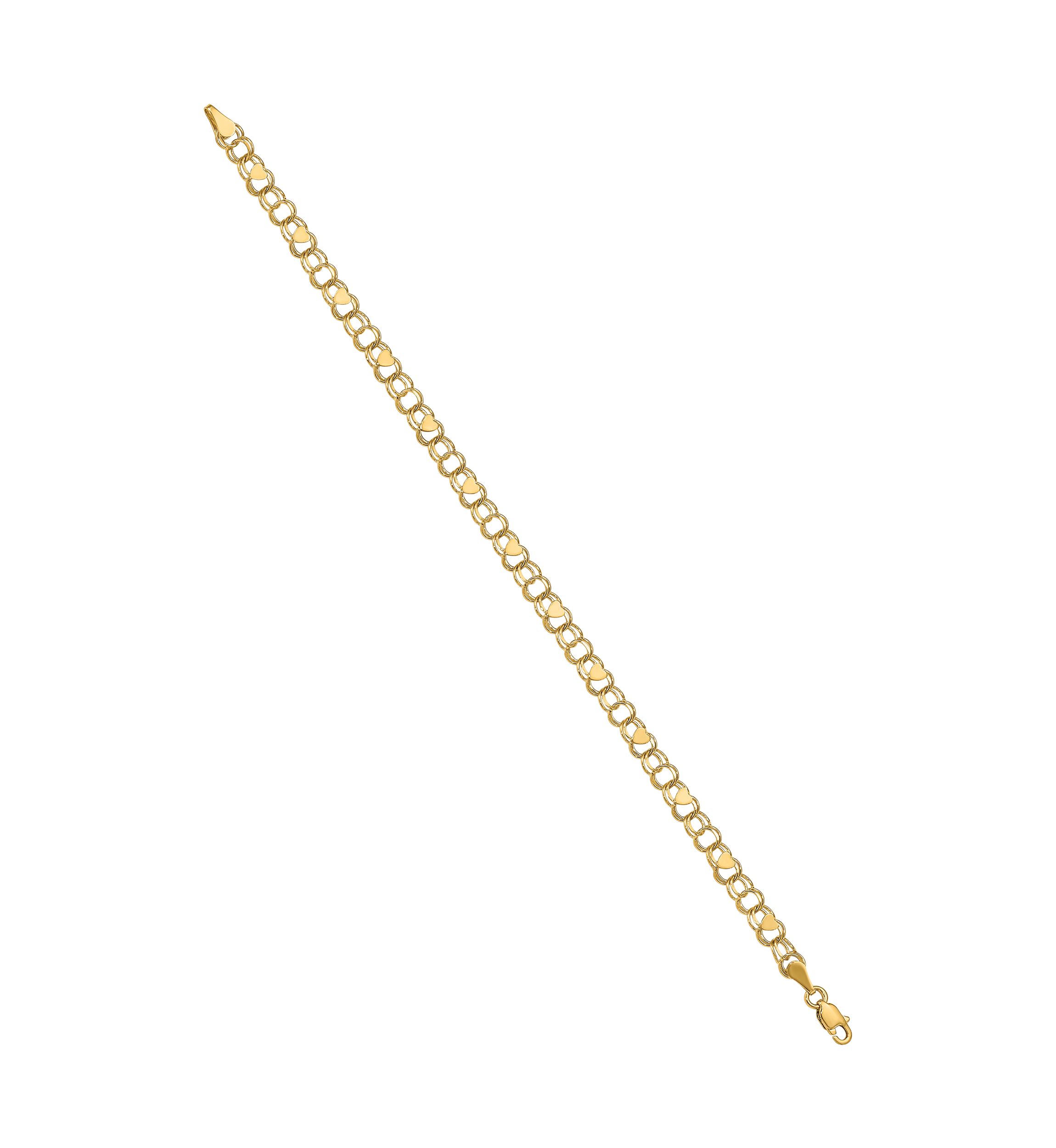 14K Yellow Gold Double Link Heart Charm 7 Inch Bracelet