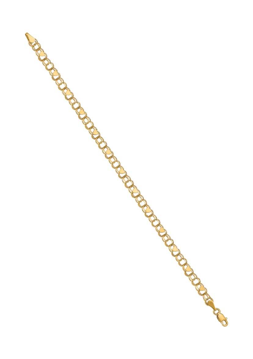 14K Yellow Gold Double Link Heart Charm 7 Inch Bracelet