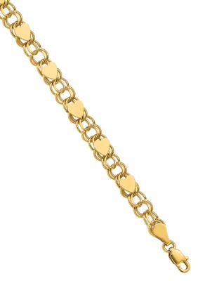14K Yellow Gold Double Link with Hearts Charm Inch Bracelet