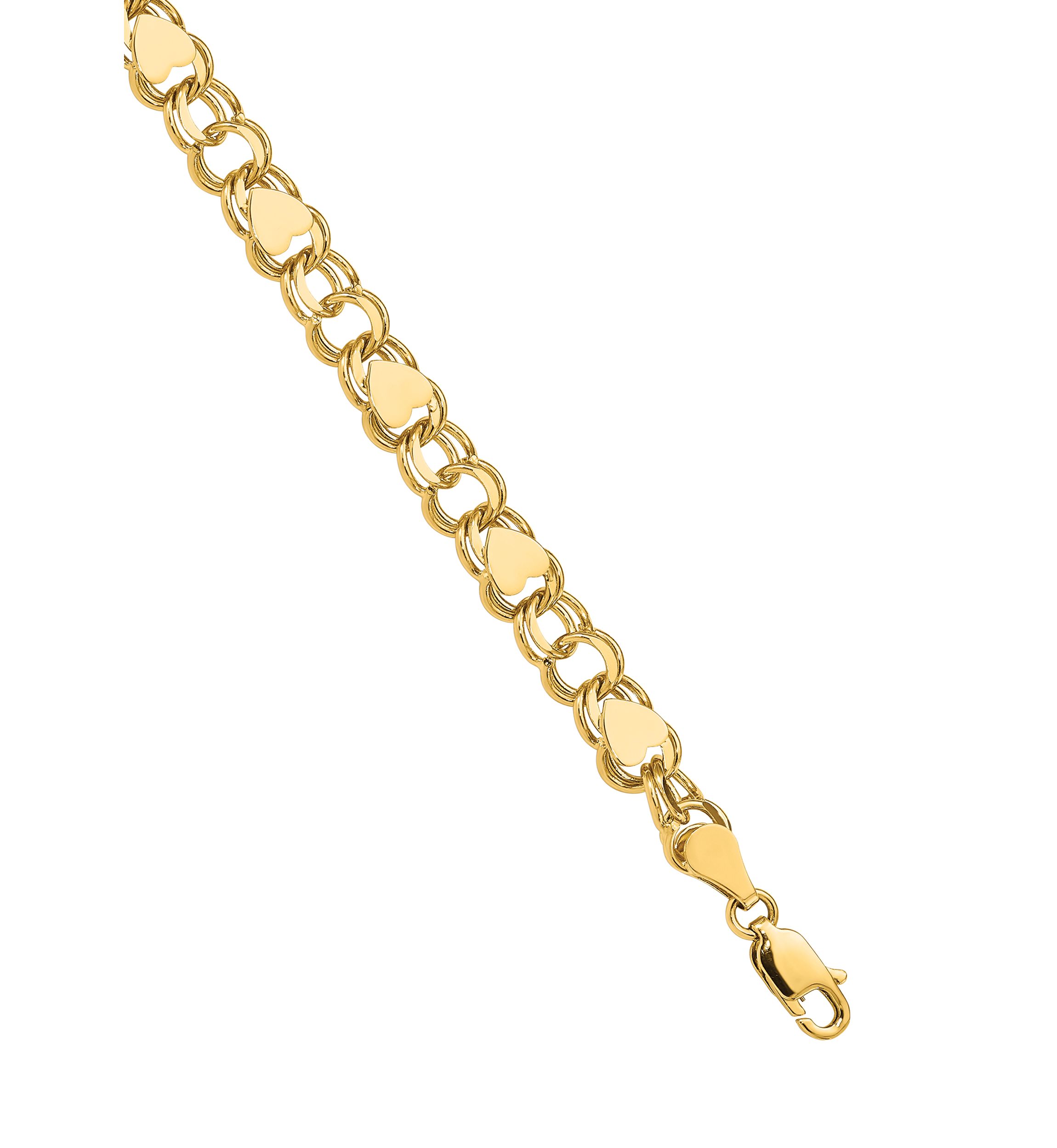 14K Yellow Gold Double Link with Hearts Charm 8 Inch Bracelet