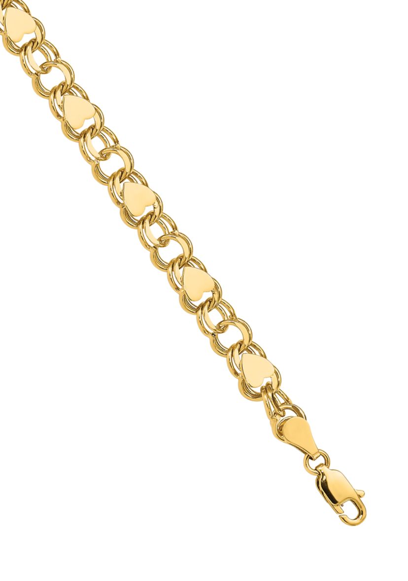 14K Yellow Gold Double Link with Hearts Charm 8 Inch Bracelet