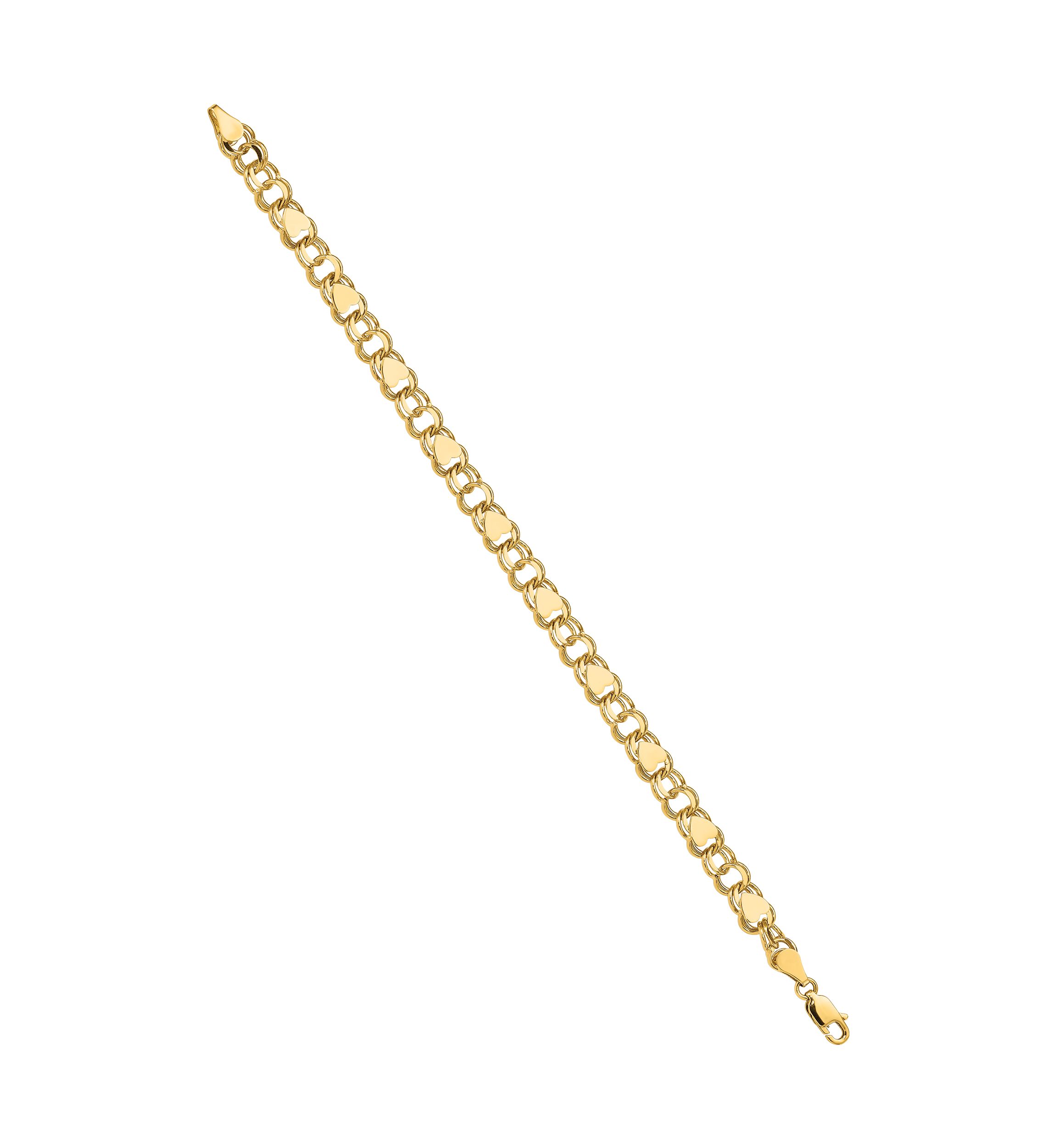 14K Yellow Gold Double Link with Hearts Charm 8 Inch Bracelet