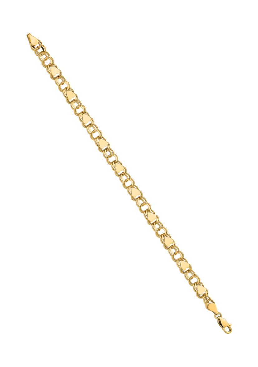 14K Yellow Gold Double Link with Hearts Charm 8 Inch Bracelet