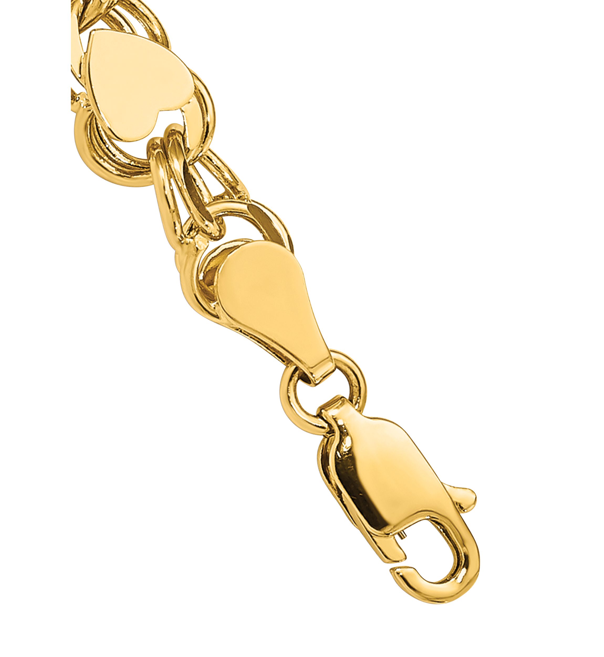 14K Yellow Gold Double Link with Hearts Charm 8 Inch Bracelet