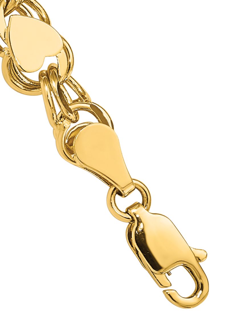 14K Yellow Gold Double Link with Hearts Charm 8 Inch Bracelet